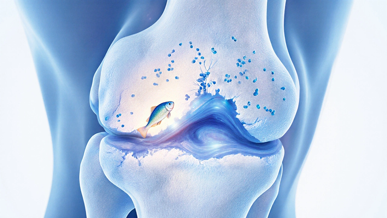 Přehled kloubu s porovnáním zdravé a poškozené chrupavky s rybím kolagenem.