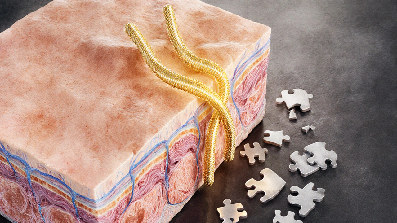 Příčný řez kůže s přirozenými vlákny kolagenu, které se zapojují do tkáně, zatímco rozložené fragmenty padají mimo.