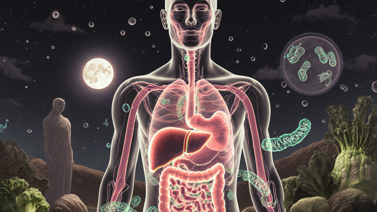 Průhledný lidský organismus s čistícími vnitřními systémy a přirozenými prvky.