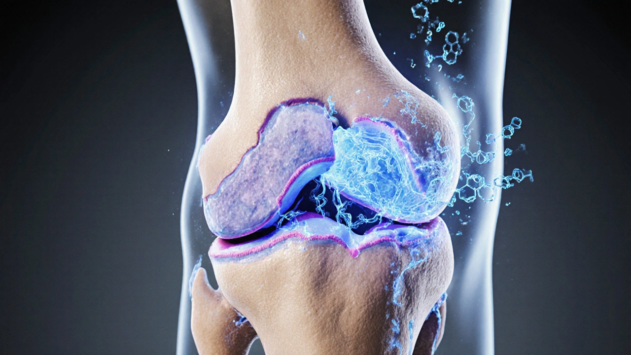 Průřez kloubu s regenerací chrupavky pomocí kolagenu.