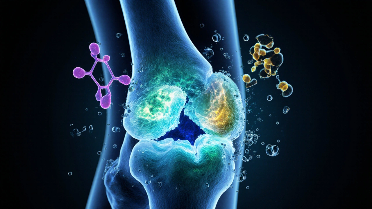 Průřez kloubu s regenerujícími molekulami kolagenu a živinami.