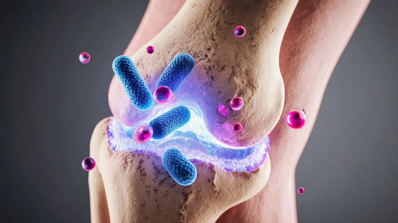 Průřez kloubu s rybím kolagenem a dalšími látkami, které obnovují chrupavku.