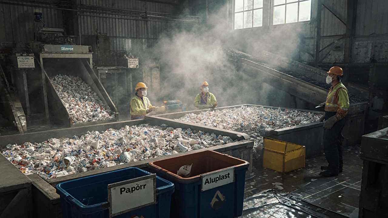 Recyklační zařízení odděluje papír, plast a hliník z nápojových kartonů.