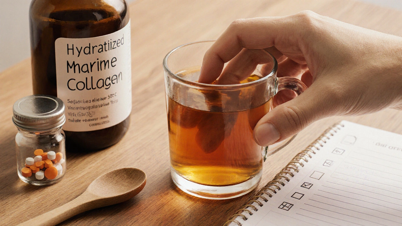 Ruky drží teplý bylinný nápoj s kolagenem a vitamínem C na dřevěném stole.
