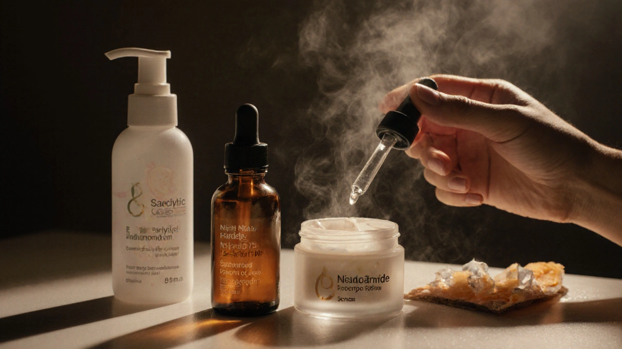 Rutina péče o pleť s sérem, retinolem a krémem na ochranu před sluncem.