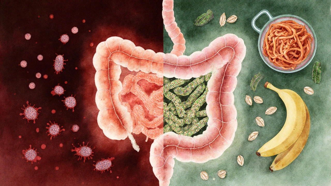 Schematický obrázek žaludku: poškozená sliznice vlevo, zdravé bakterie a potraviny vpravo.