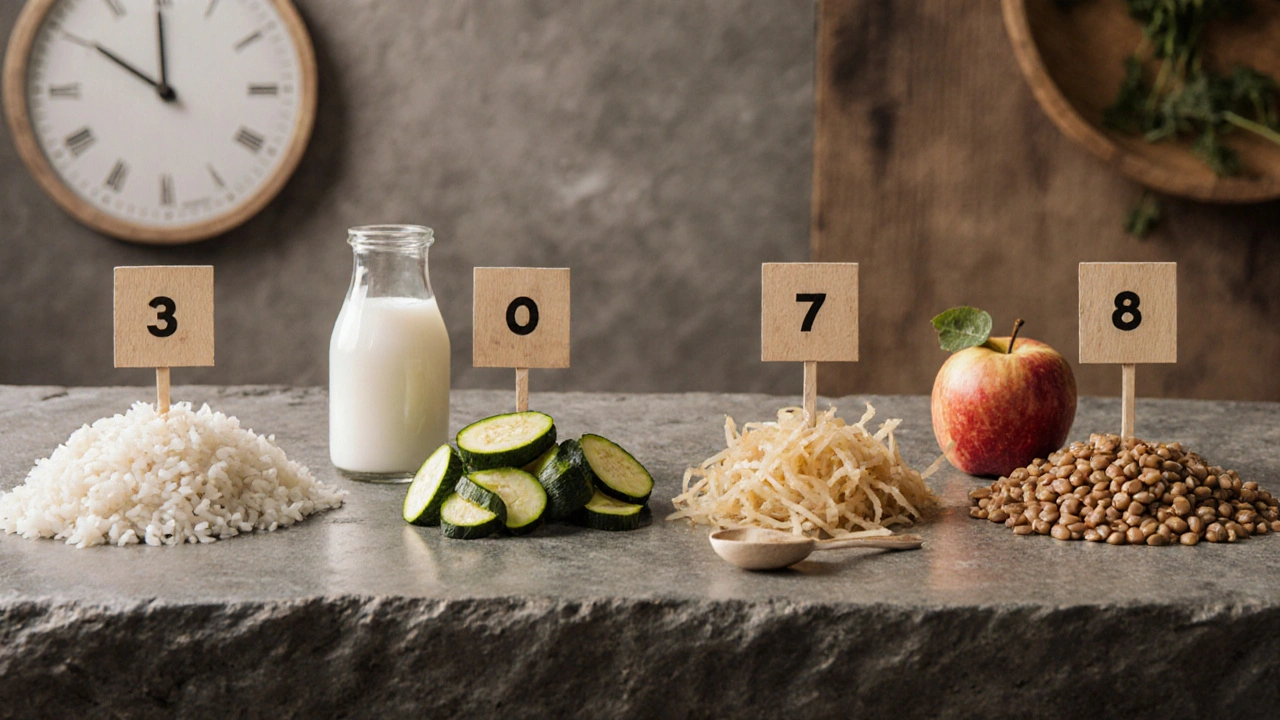 Sedmidenní plán stravy s jídly po dnech: rýže, zelenina, kyselé zelí, čočka a žitný chléb.