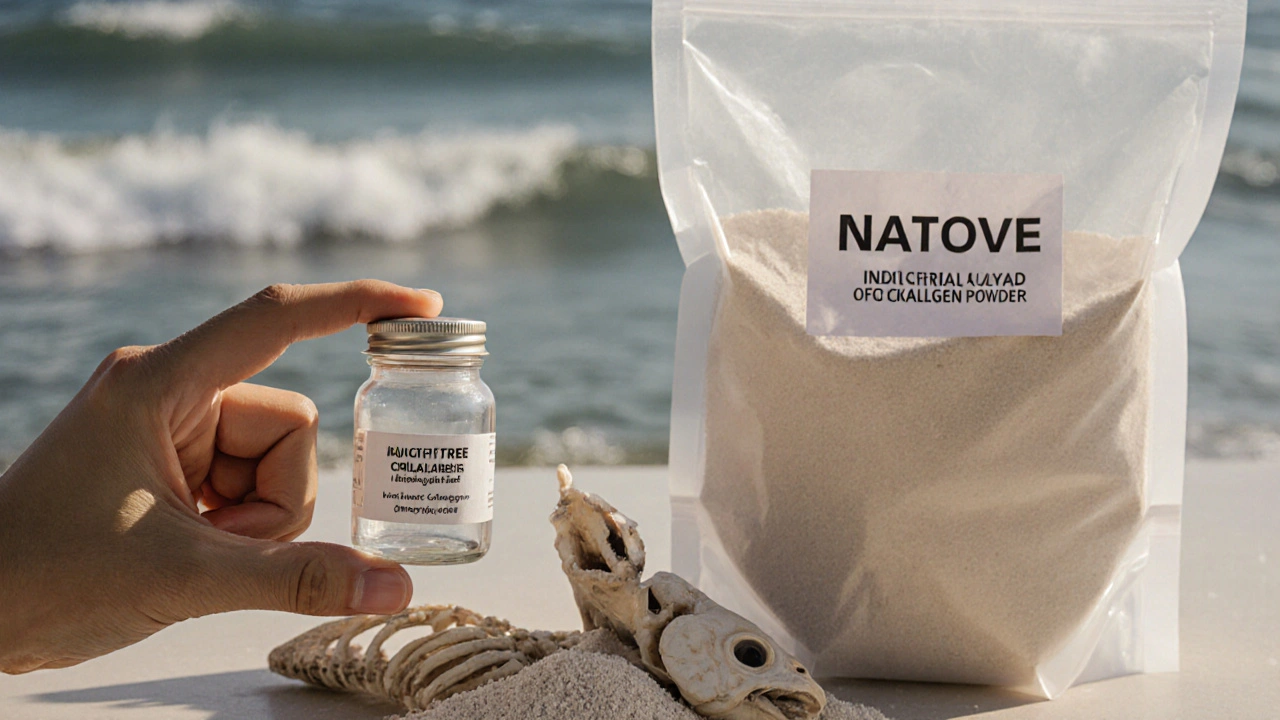 Sklo s nativním kolagenem vedle průmyslového prášku, s mořským pozadím a rybí kostí.