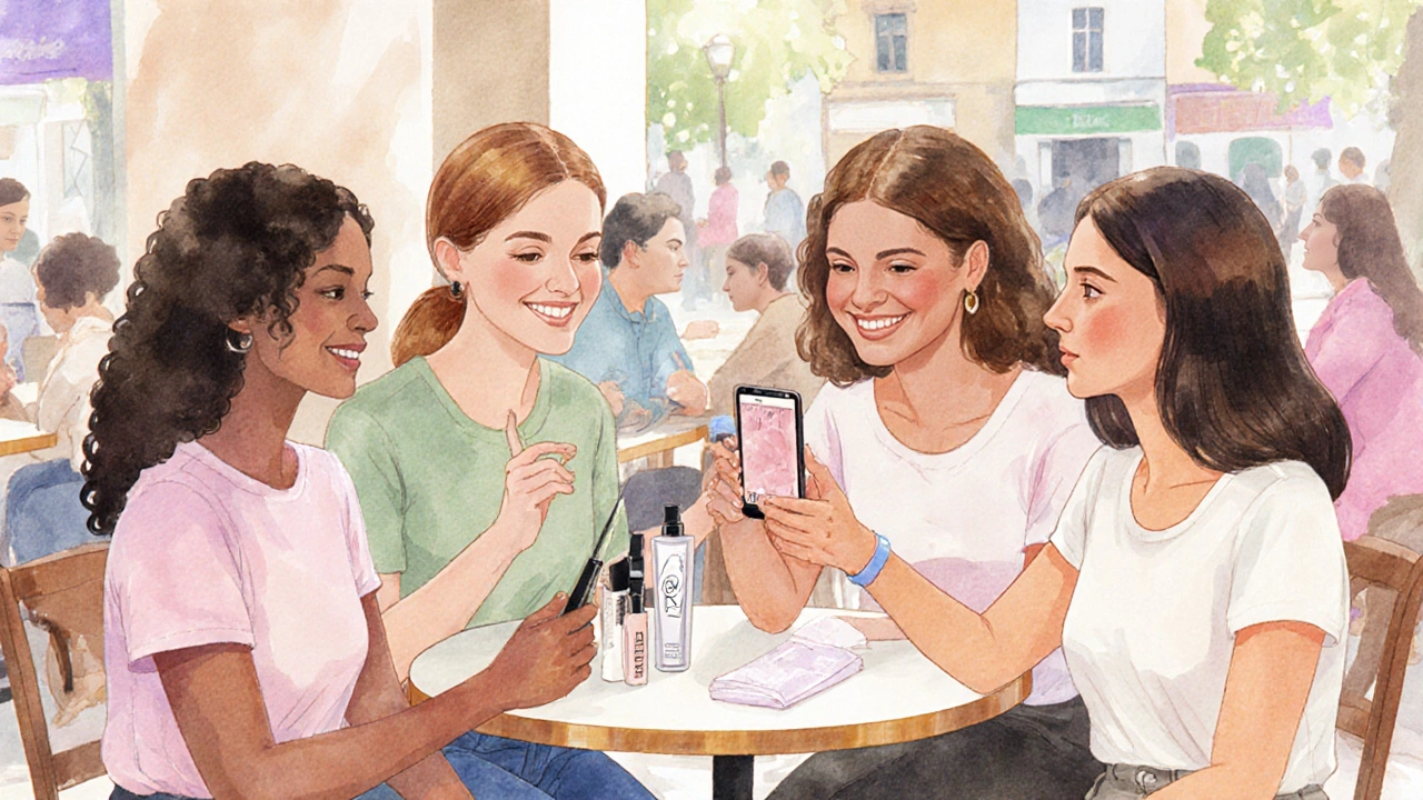 Skupina žen v kavárně sdílí zkušenosti s kosmetikou Mary Kay.