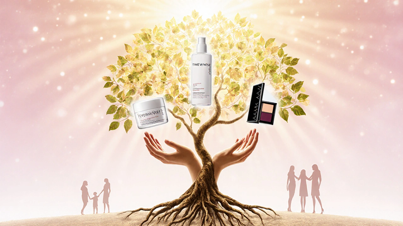 Strom s produkty Mary Kay jako listy symbolizuje růst a podporu žen.