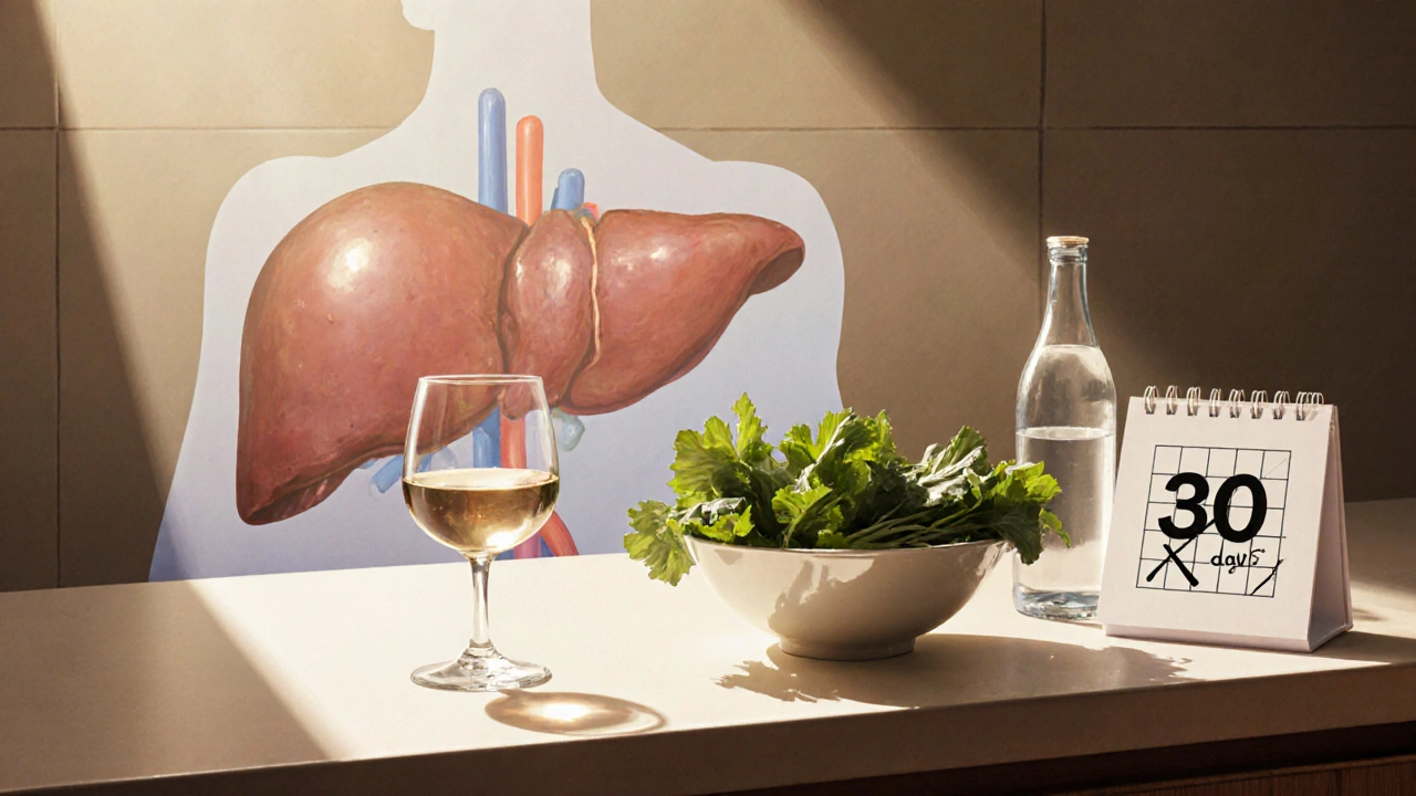 Stůl s sklenicí vína, vodou a zeleninou, symbolizující cestu k obnově po přestání pít.