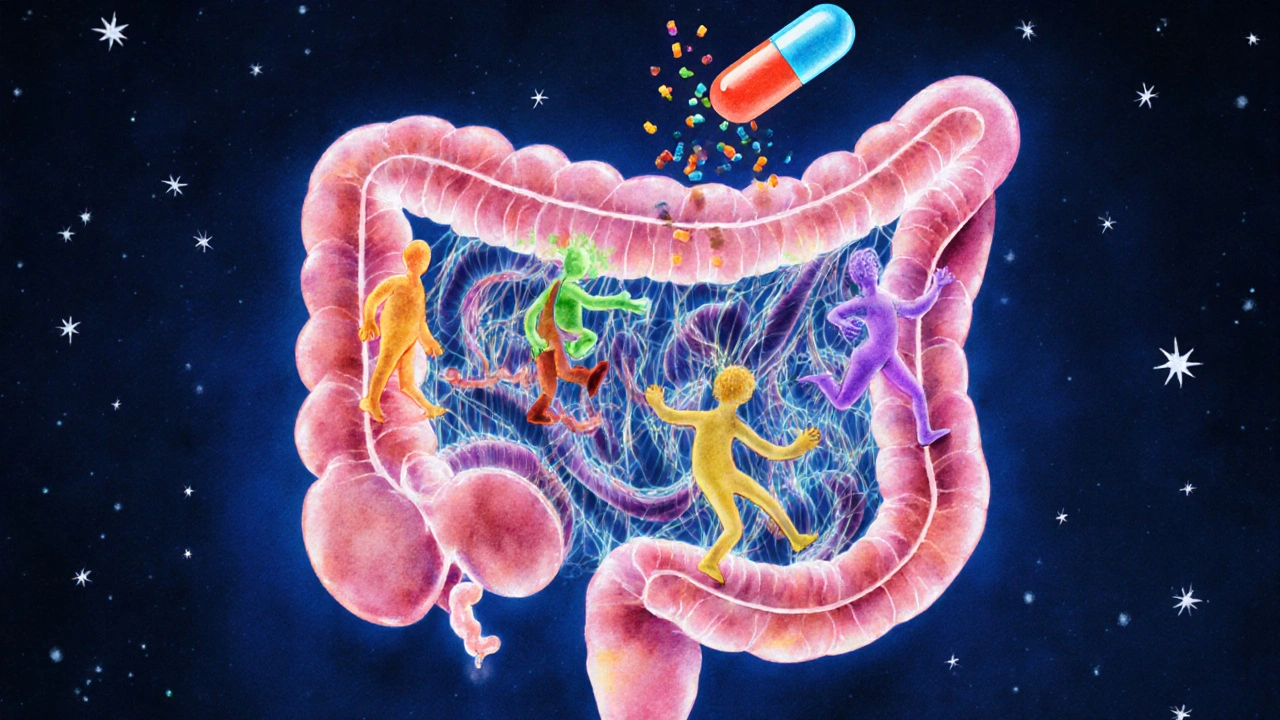 Vnitřek střeva s různobarevnými probiotickými bakteriemi plujícími mezi vlasovitými výrůstky.