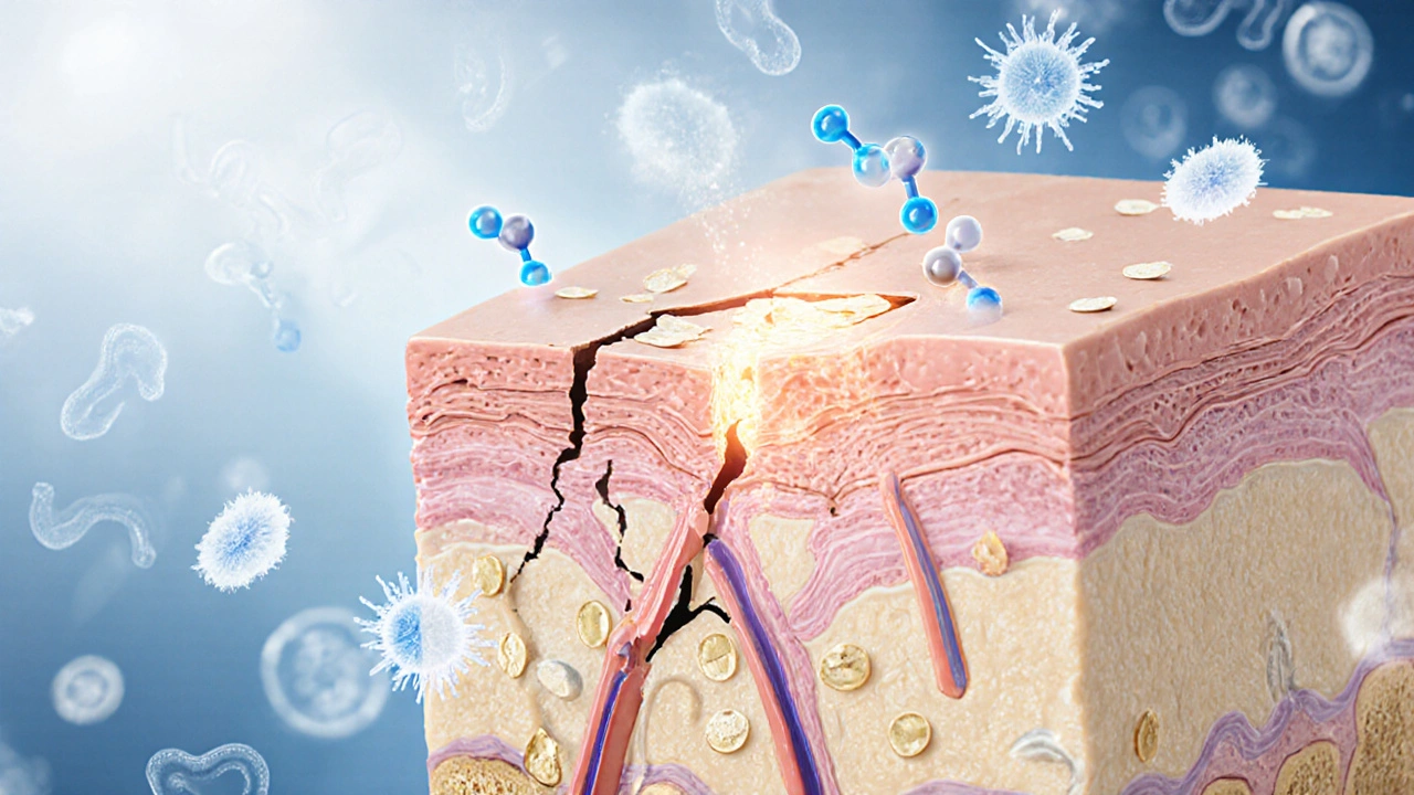 Vnitřní struktura pokožky s opravovanou lipidovou bariérou pomocí ceramidů a niacinamidu, s oveskou a probiotiky.