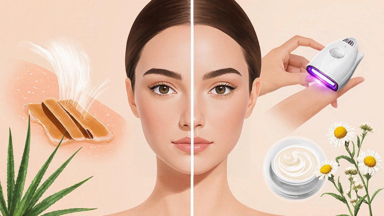 Volba mezi metodami odstranění vlasů: vosk, laser a krém s přirozenými látkami.