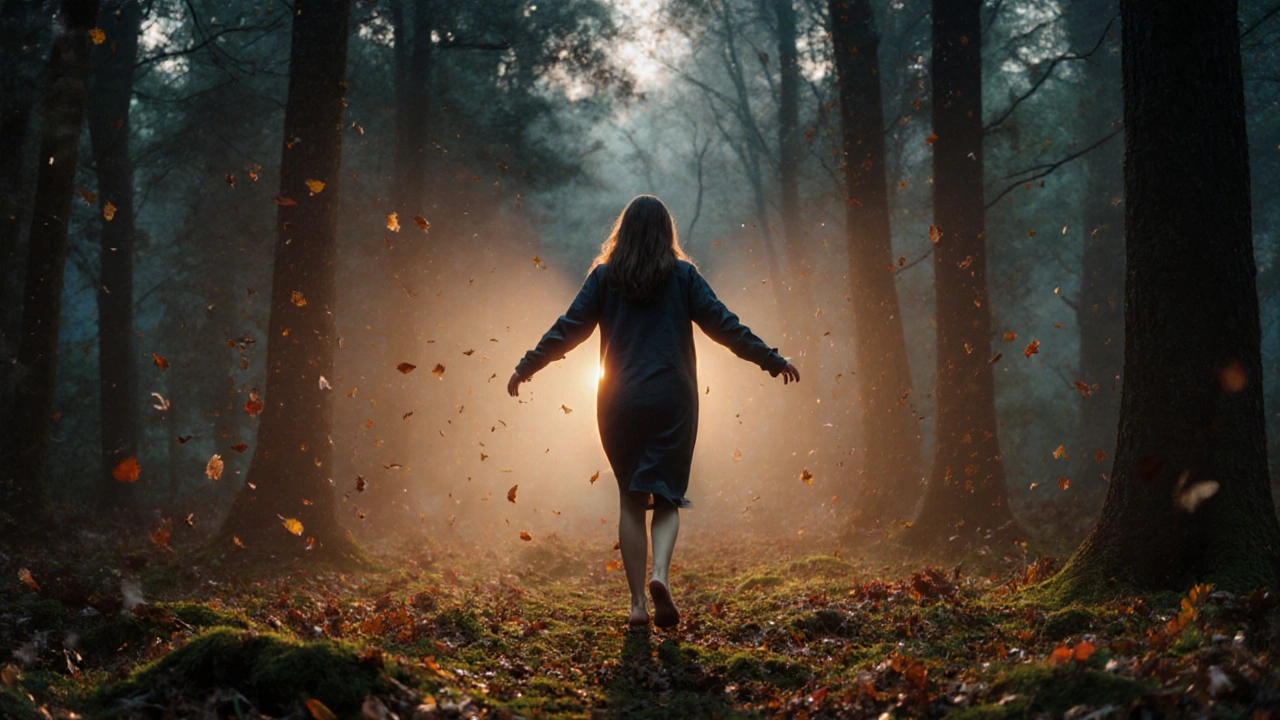 Žena chodí bosá lesem ve večerním světle, symbolizující obnovu.