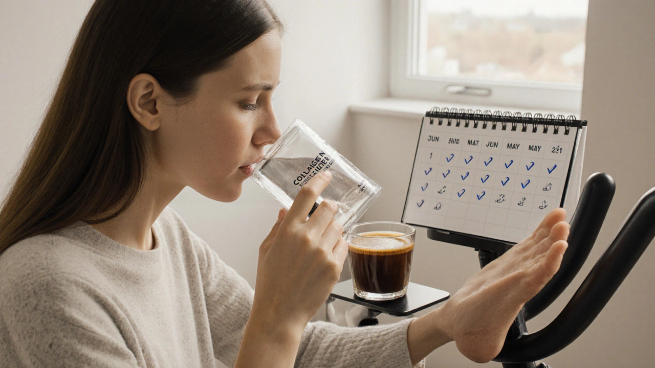 Žena pije kávu s kolagenem a cvičí na kolo v domácím prostředí.