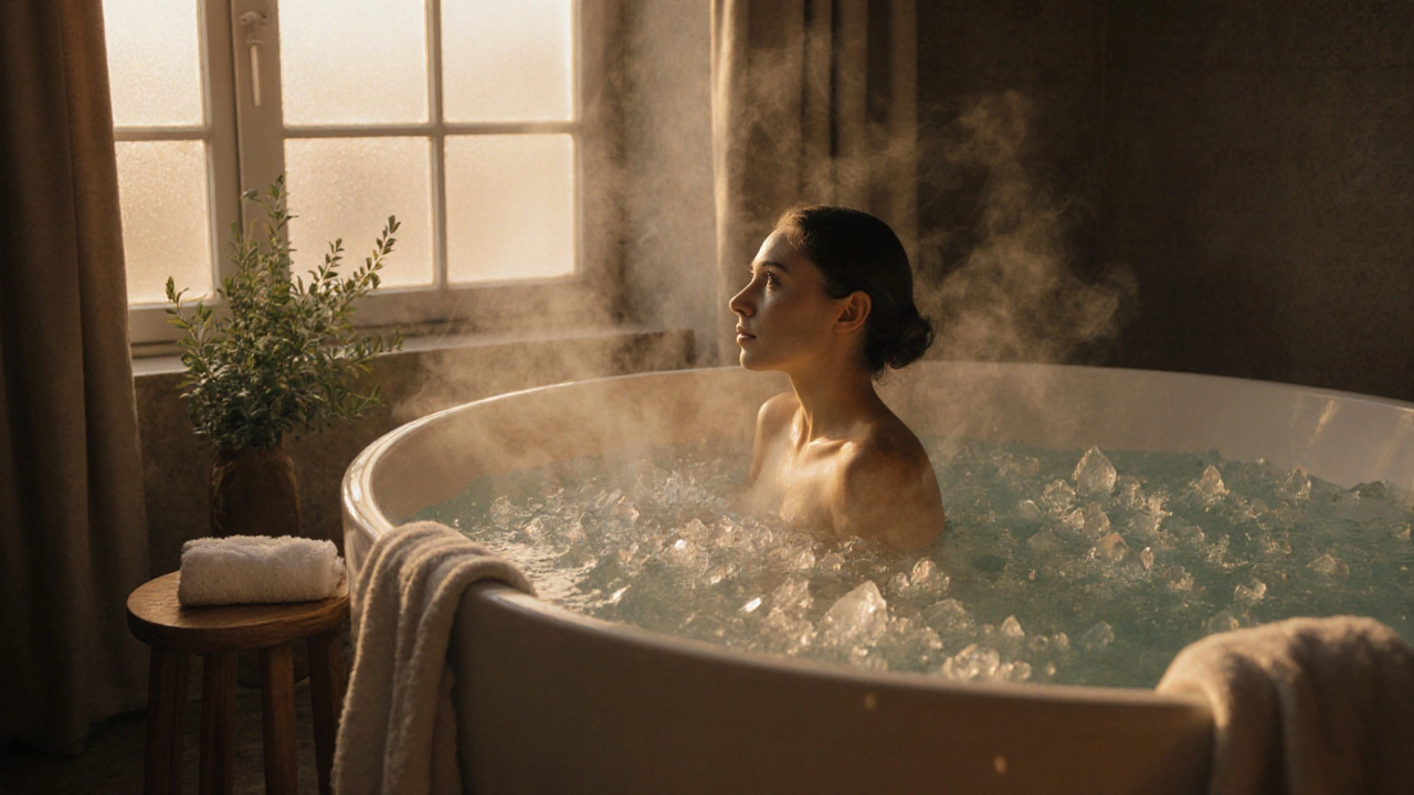 Žena si dělá teplou koupel s mořskou solí.