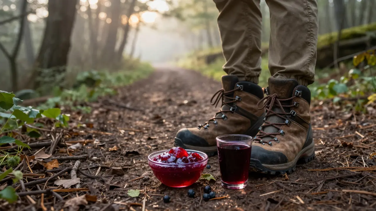 Chůze po cestě s přirozenými potravinami, které podporují zdraví kloubů, v klidném ránu.