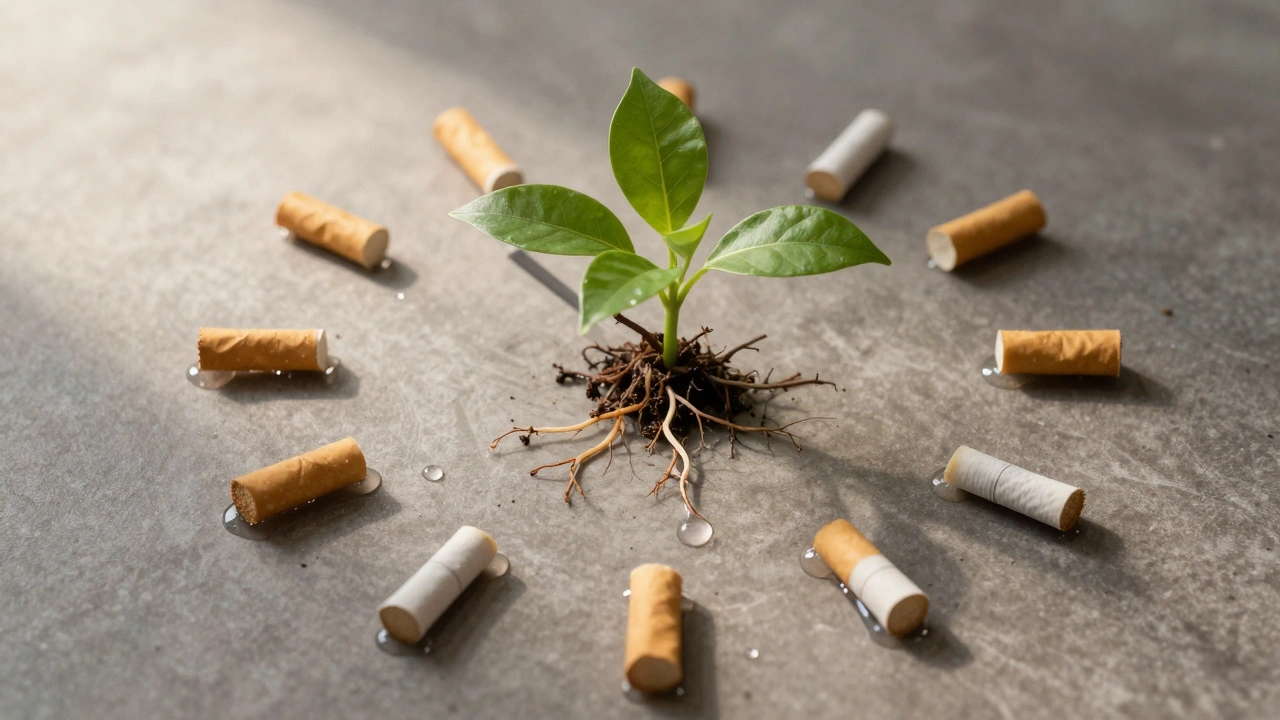 Clock face made of melting cigarette butts turning into water droplets and sprouting green leaves.