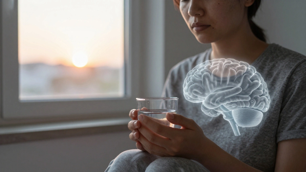 Člověk sedí v klidu v ranním světle, ruce drží sklenici vody, přes jeho hlavu je překryv regenerujícího mozku.