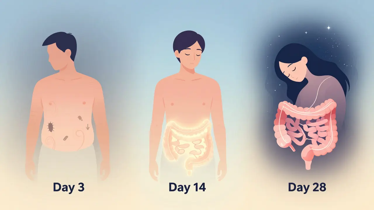 Člověk ve třech fázích: 3. den, 14. den a 28. den s postupným zlepšením pohody a spánku.