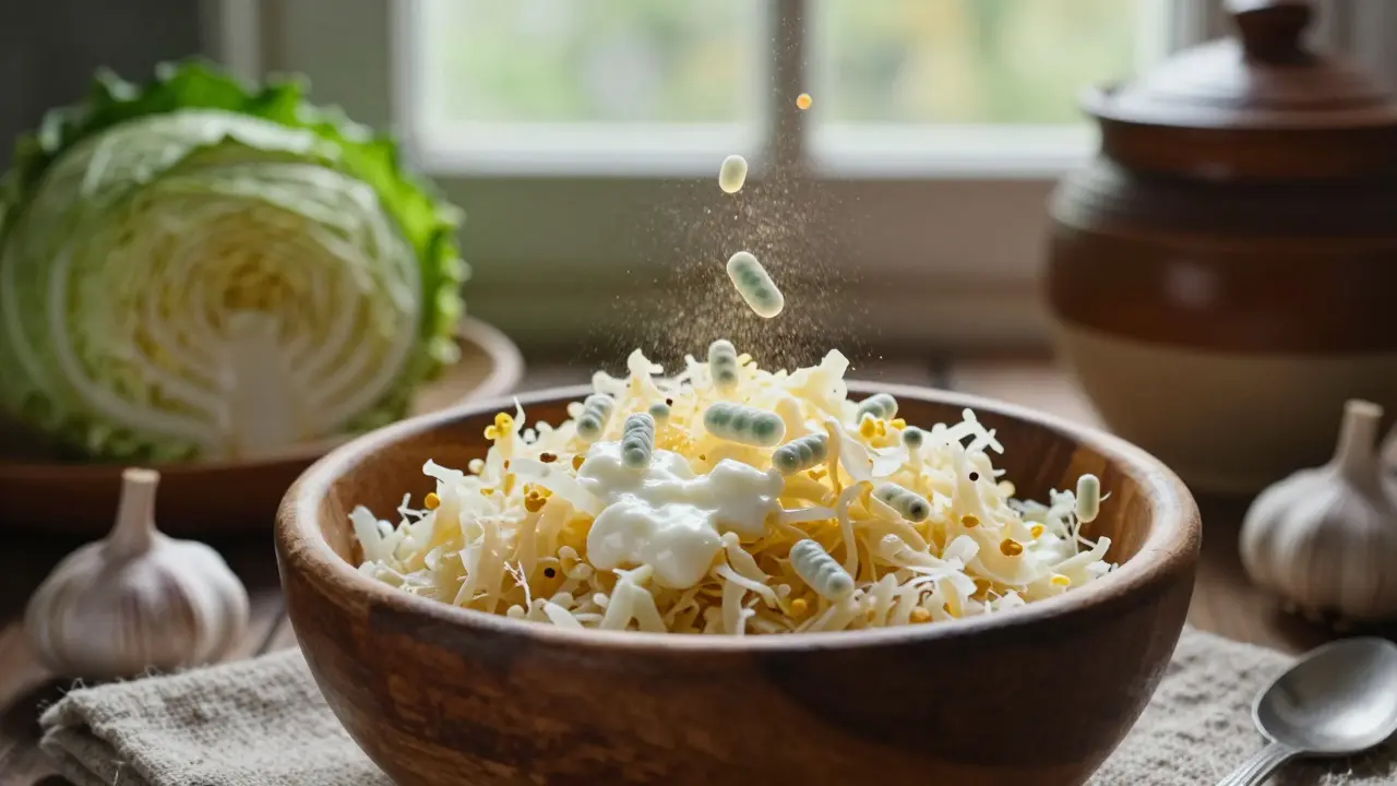 Dřevěný mise s kvaseným zelím a kefírem, symbolizující přirozený zdroj laktobacilů.