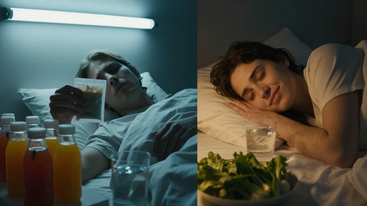 Dvě části obrázku: jedna ukazuje unavenou osobu s detox čajem, druhá stejnou osobu klidně spící s zeleninou na nočním stolku.