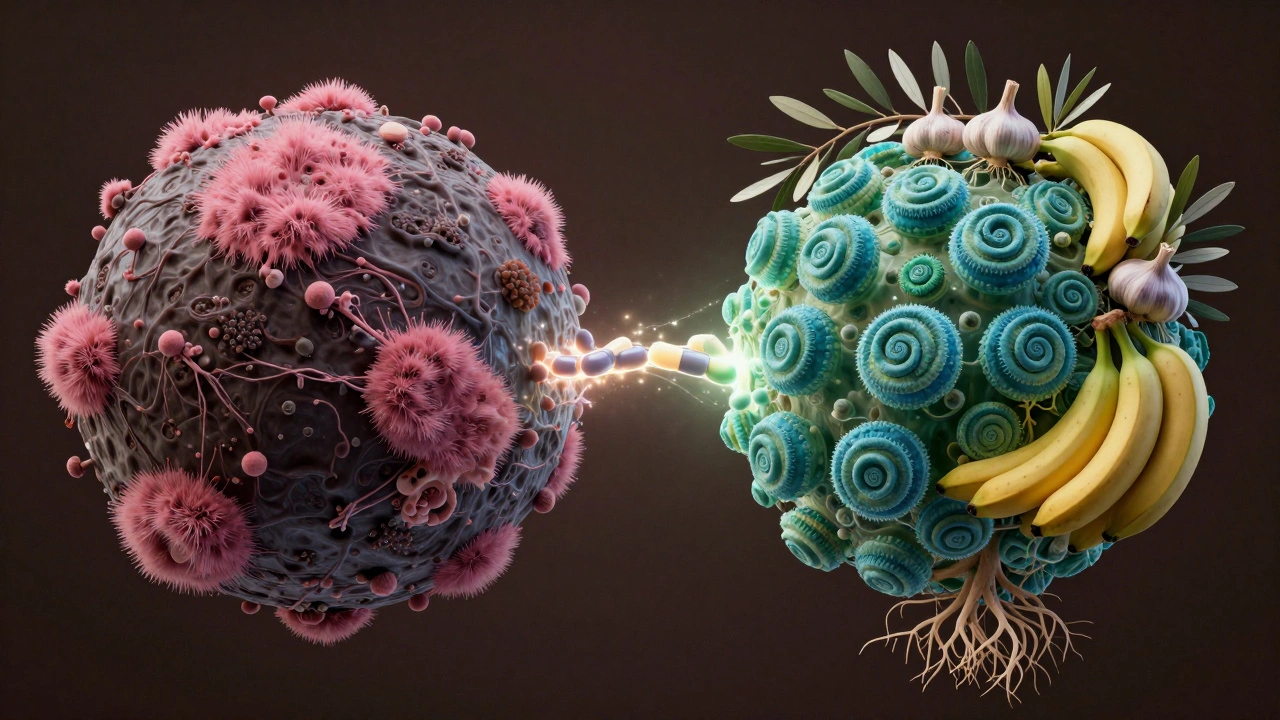 Dvě strany střevního ekosystému: chaos kvasinek proti řádnému růstu užitečných bakterií.