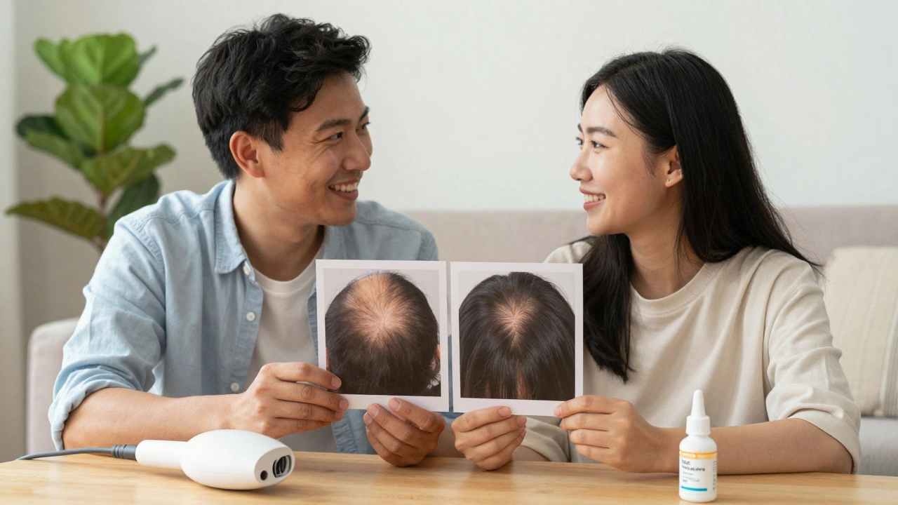 Dvojice ukazuje fotografie před a po 12 měsících péče o vlasy.