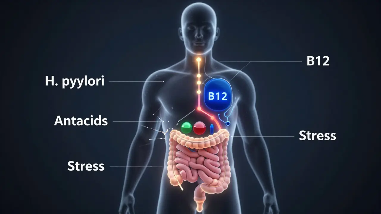 Lidská silueta s vnitřními světelnými cestami vitamínů a překážkami ve střevech.