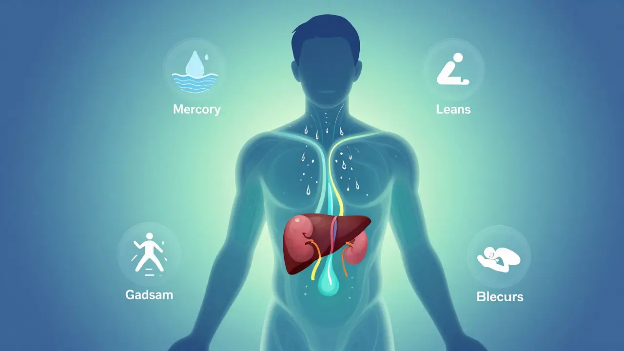 Lidský silueta s vylučováním těžkých kovů skrze pot, moč a játra