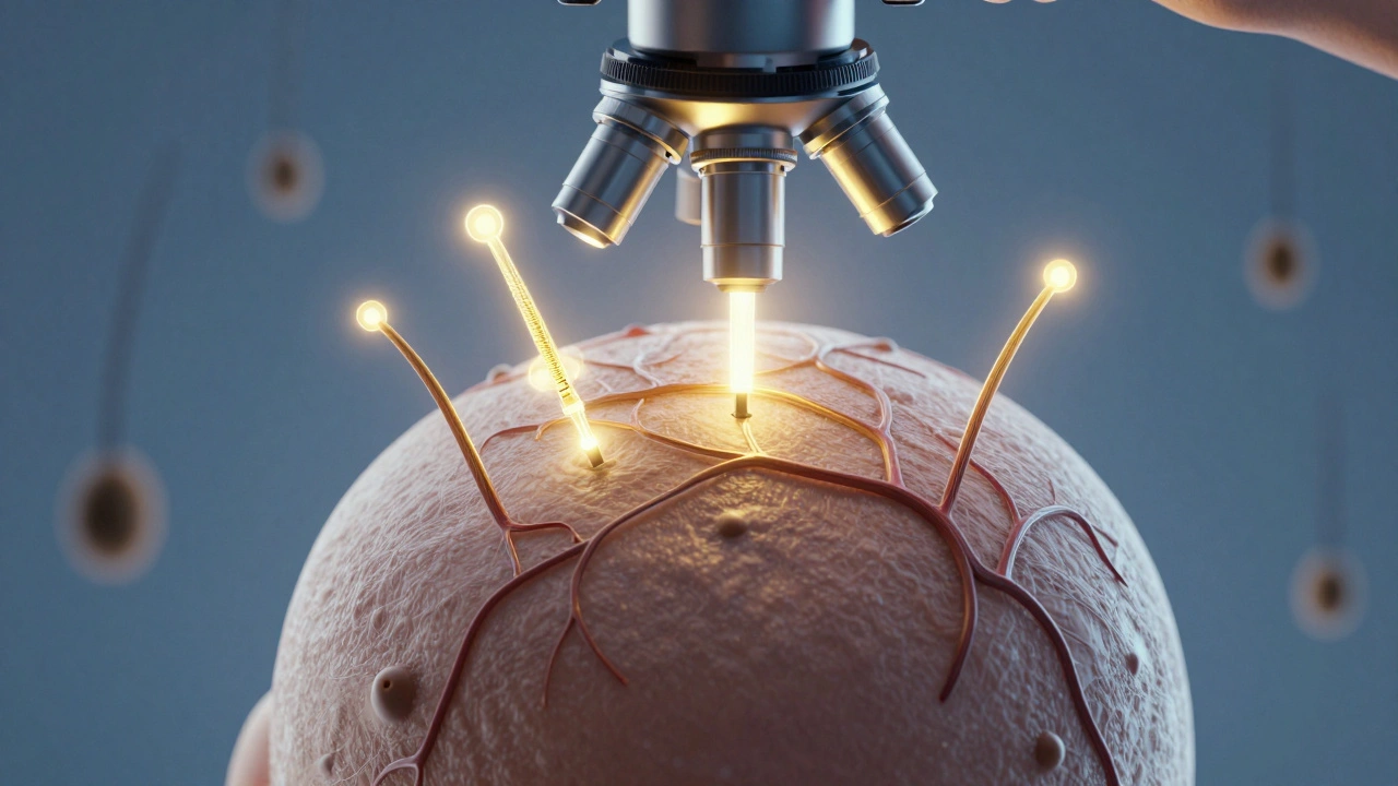 Mikroskopický pohled na aktivované vlasové folikuly osvětlené laserem a PRP.