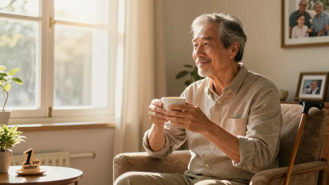 Muž se usmívá při kávě v slunečném bytě, symbolizující trvalé odvykání alkoholu.