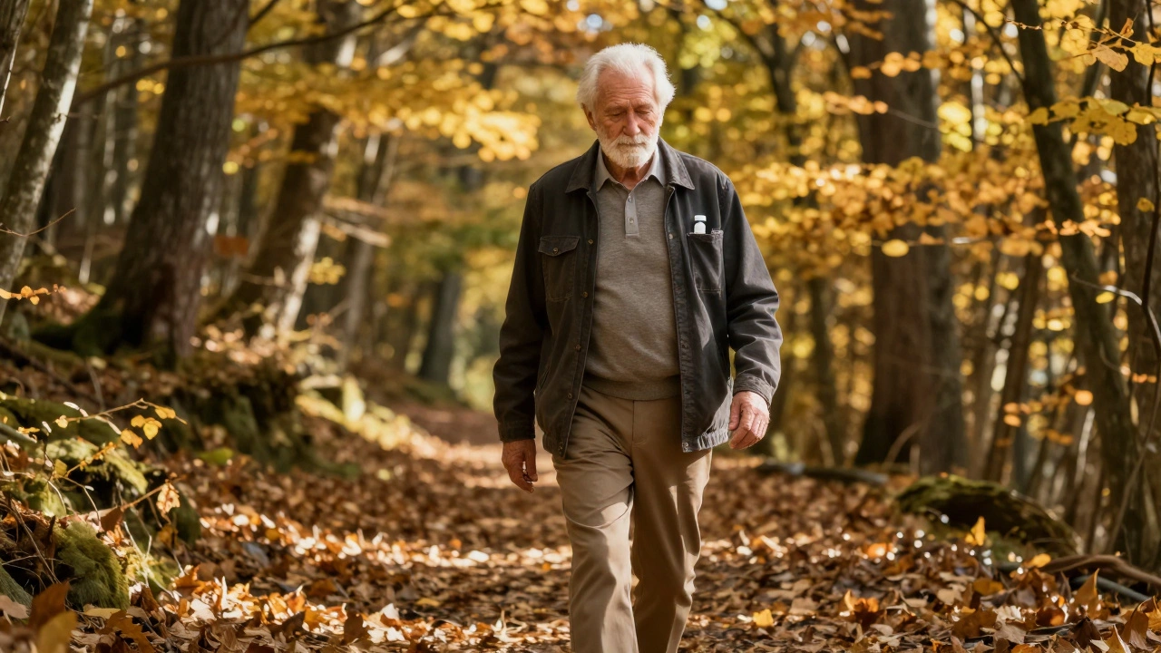 Muž v přírodě chodí bez bolesti, symbolizující dlouhodobou výhodu rybího kolagenů.