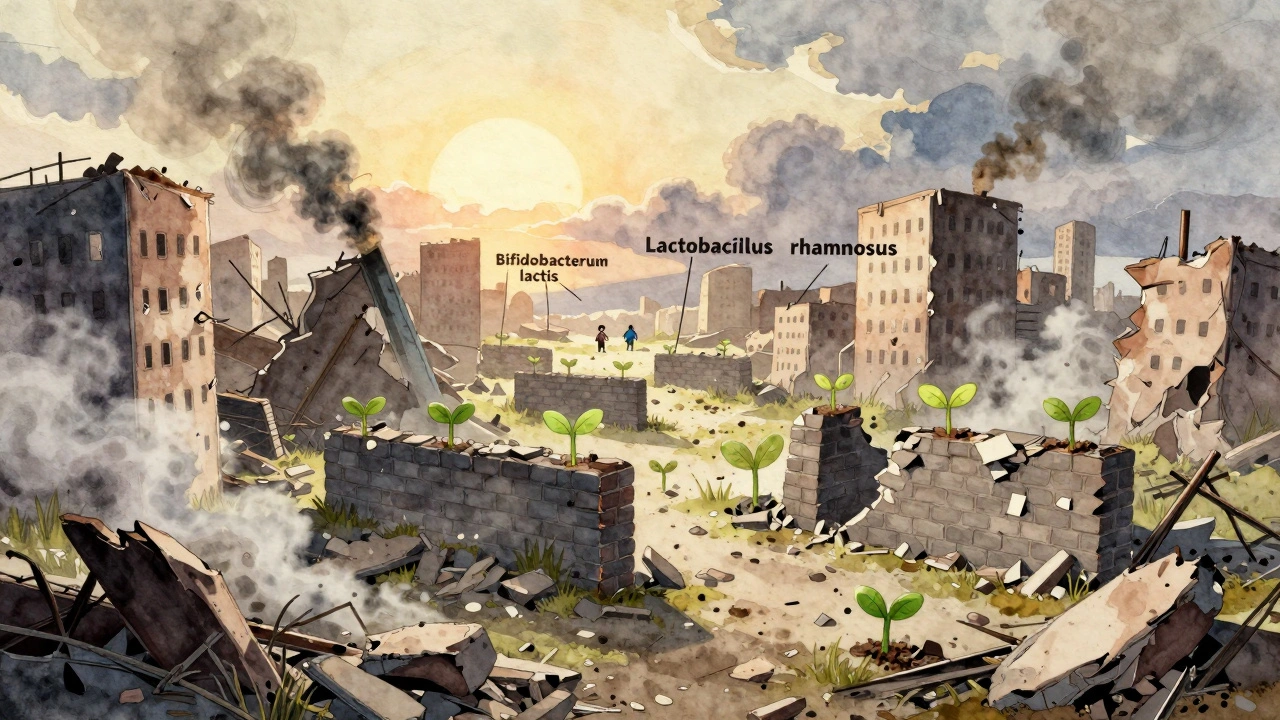 Obnova střevního mikrobiomu jako obnovy města po válce, s přirozenými bakteriemi jako staviteli.