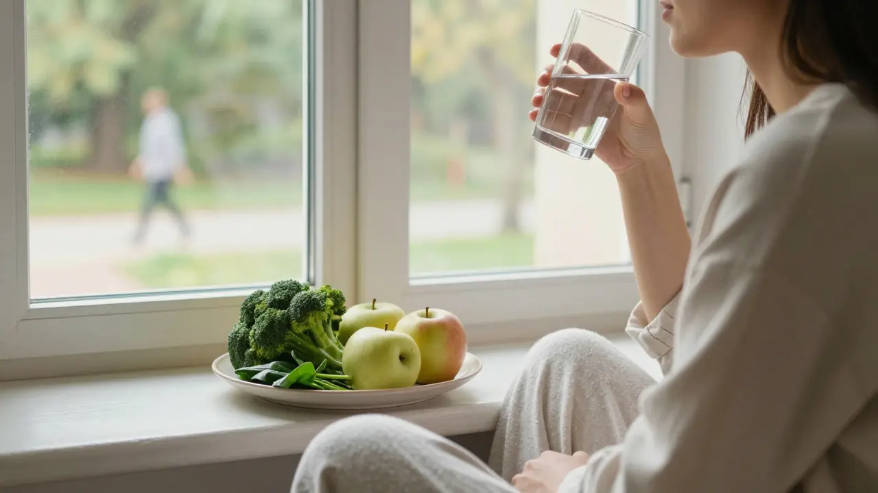 Osoba pije vodu a jí čerstvou zeleninu ve slunečném pokoji, venku je vidět procházka.