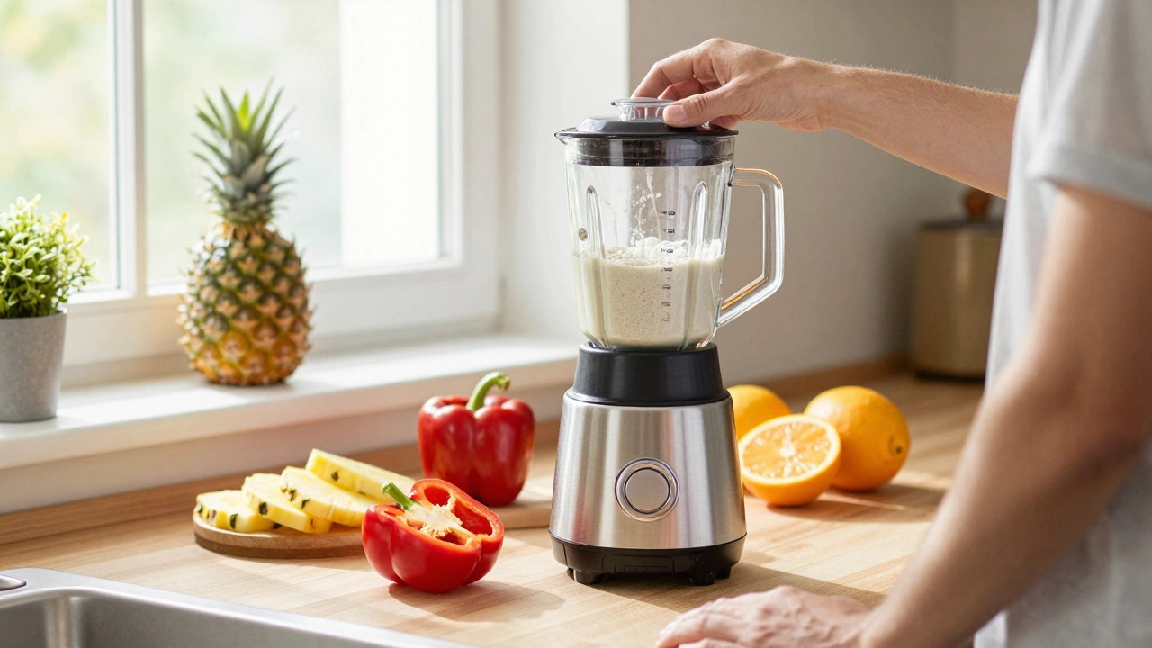 Osoba připravuje smoothie s kolagenem a červenou paprikou ráno.