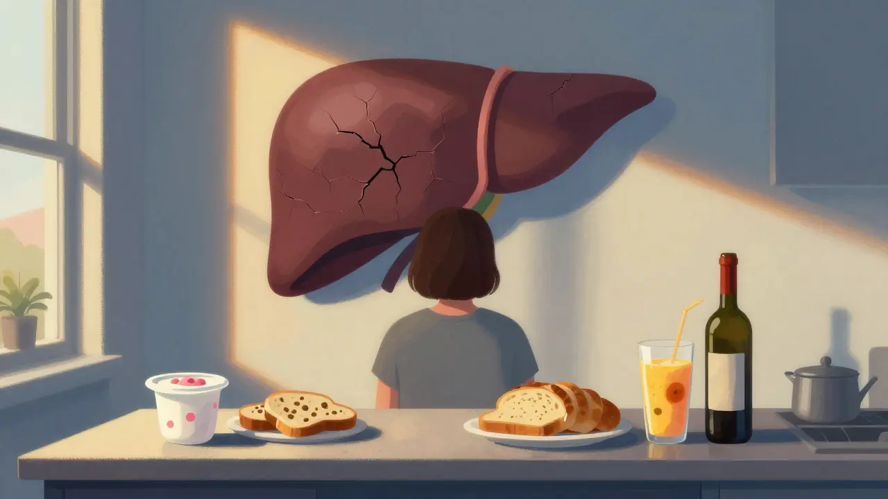 Osoba u kuchyňského stole s potravinami, které poškozují játra, a stínem poškozeného jater za ní.