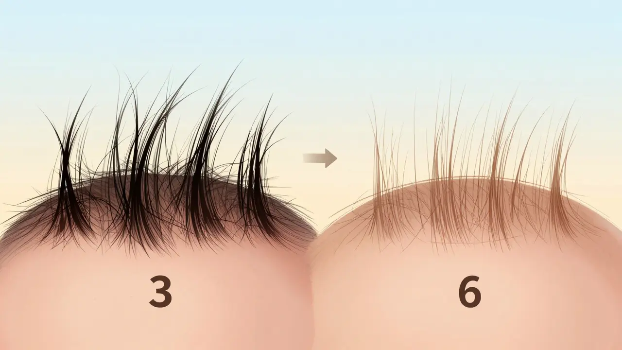 Porovnání růstu vlasů před a po pravidelné epilaci.