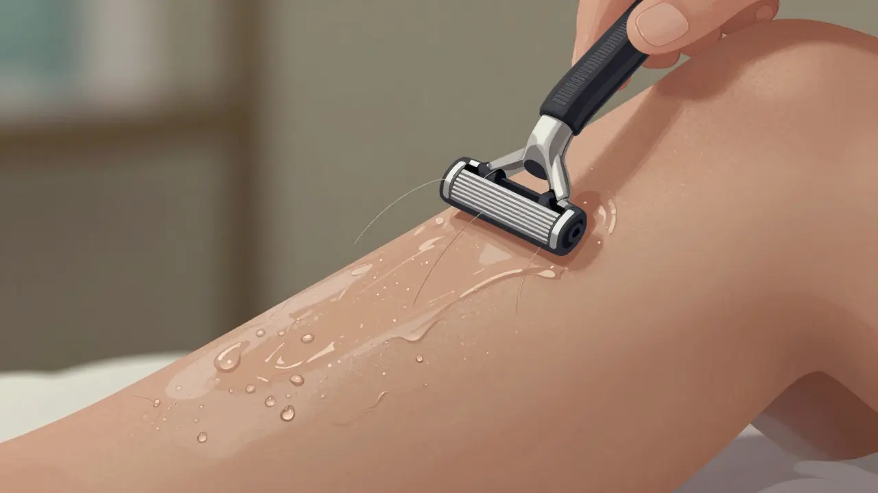 Přesné holení ve směru růstu chloupků na noze s hydratačním gelem.