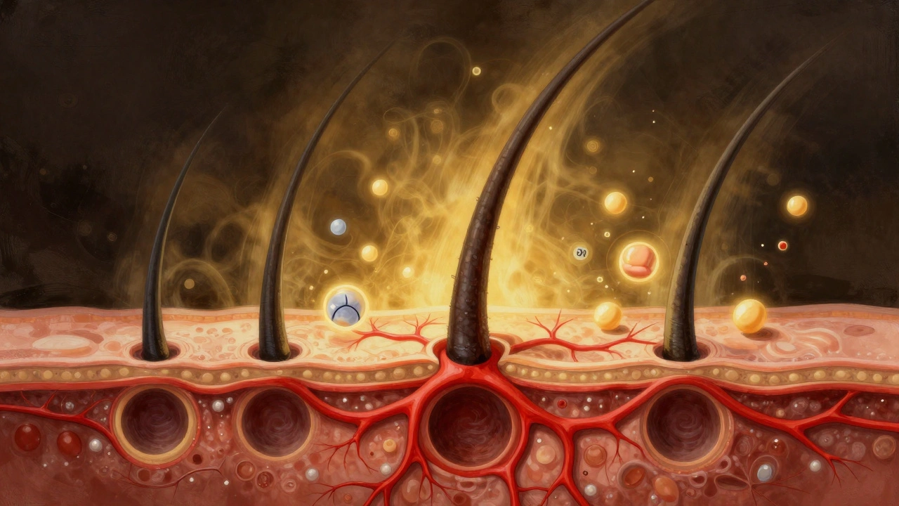 Příčný řez vlasovým folikulem, který se probouzí z klidové fáze k růstu.