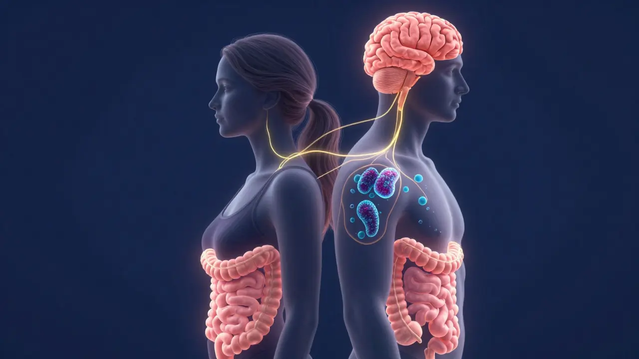 Průhledné postavy s viditelnou zdravou střevní mikroflórou propojenou s mozkem a kůží.