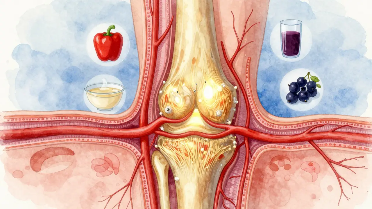 Průřez kloubu s viditelnými kolagenovými vlákny a přírodními živinami, které ho podporují.