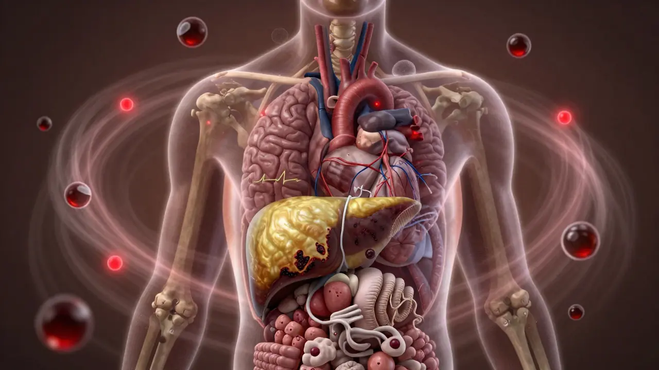 Průřez lidského těla s poškozenými orgány a alkoholovými molekulami, v lékařském stylu.