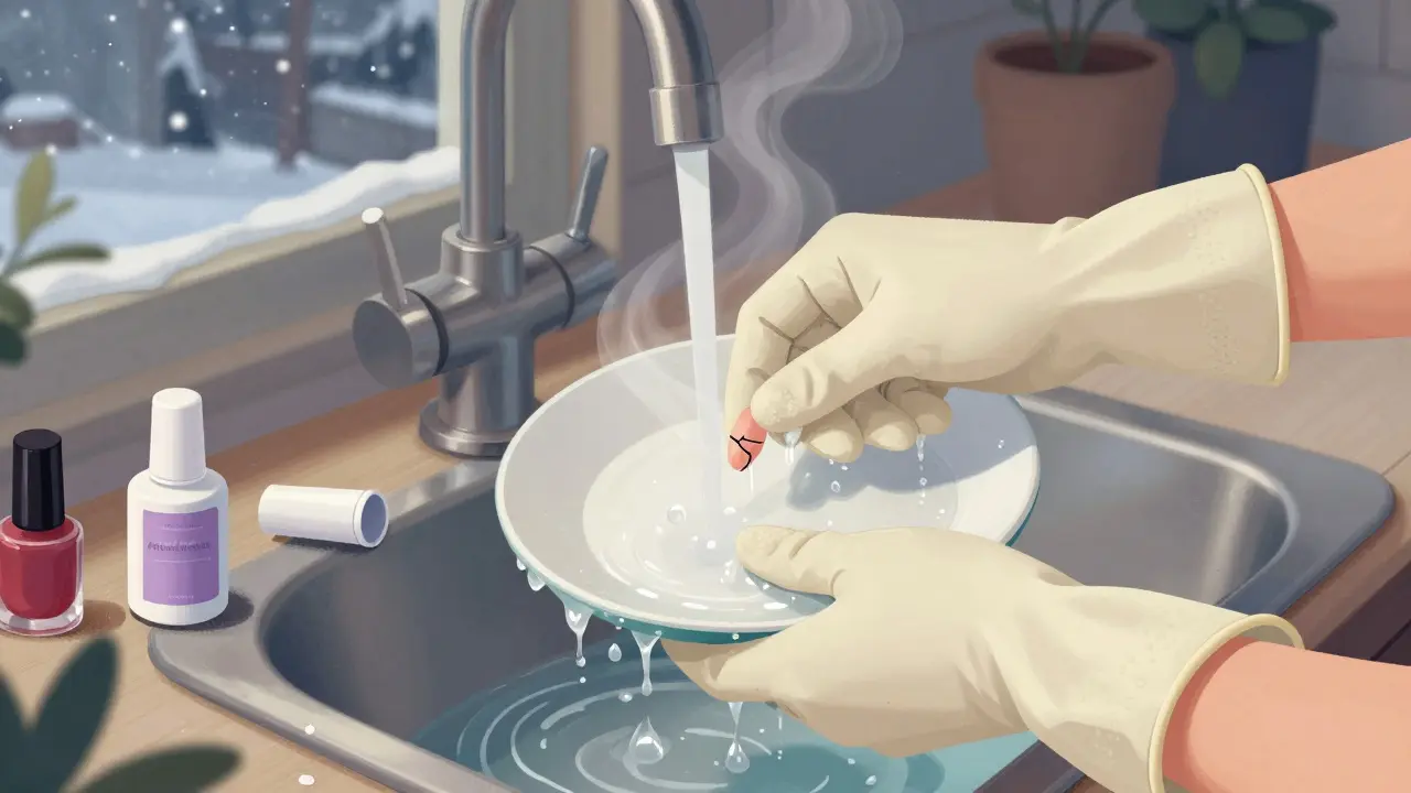 Ruce v gumových rukavicích myjí nádobí, vedle nich prasklý neht a odstraňovač laku.