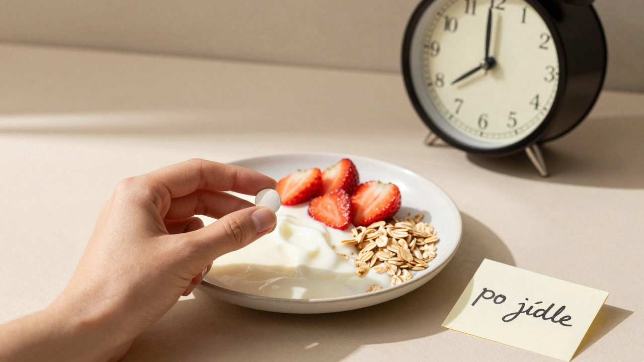 Ruka drží probiotikum vedle jogurtu s jahodami a ovesnými vločkami, na pozadí hodiny ukazující ráno.