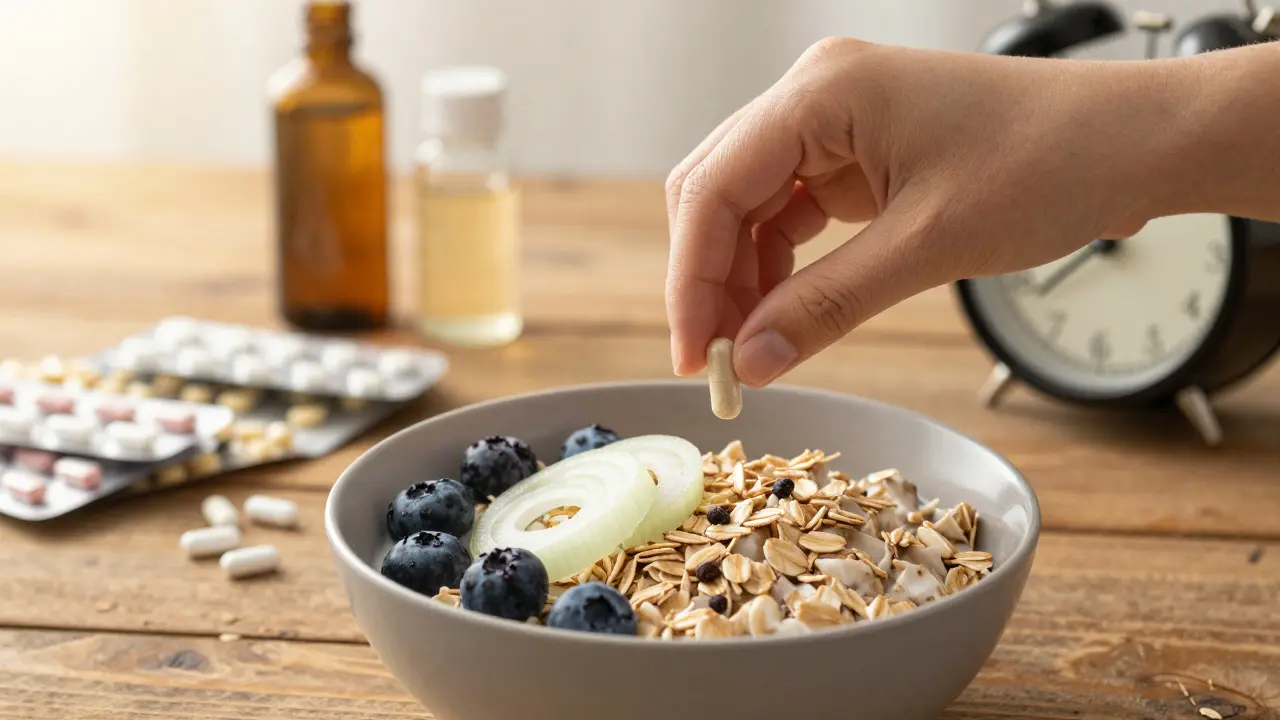 Ruka klade probiotikum do ovesné kaše s bobulemi a cibulí, ostatní potraviny jsou odstraněny.
