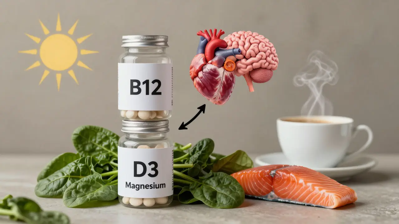 Skleněné lahve s vitamíny B12, D3 a magneziem s přirozenými potravinami kolem.