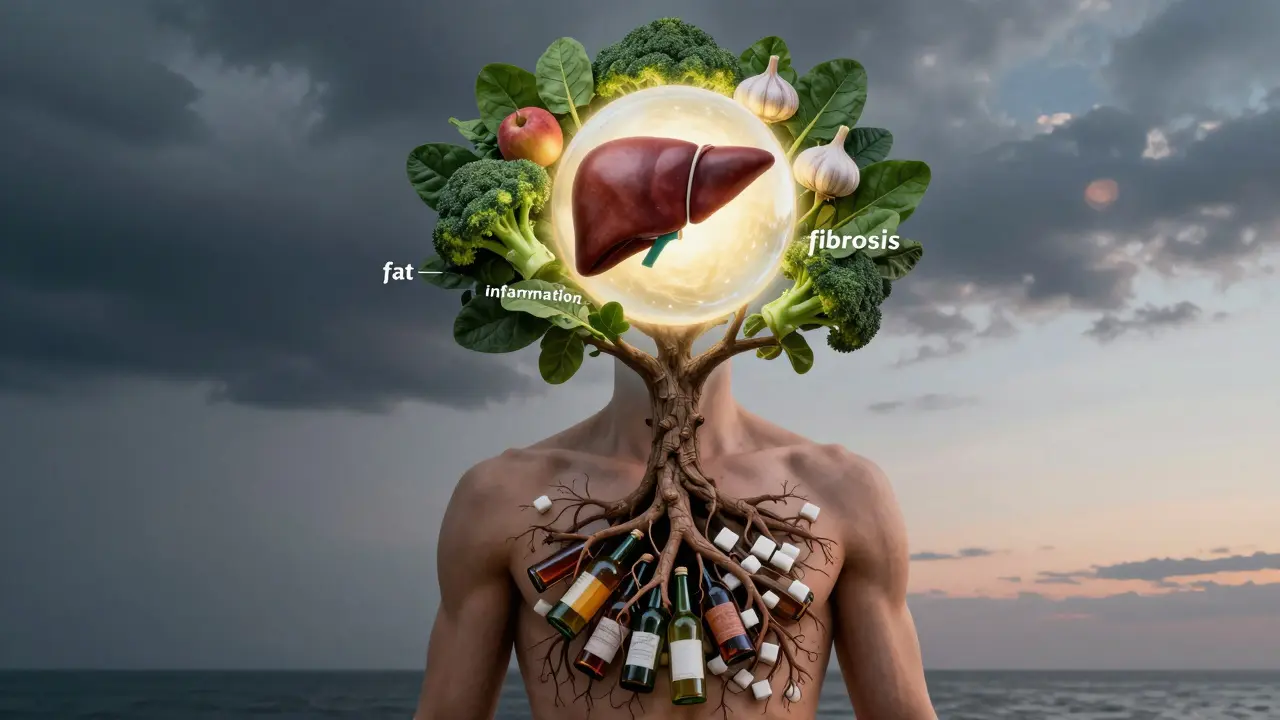 Strom rostoucí z hrudníku s kořeny z alkoholu a cukru, zatímco zdravé játro plave nahoře mezi zeleninou.