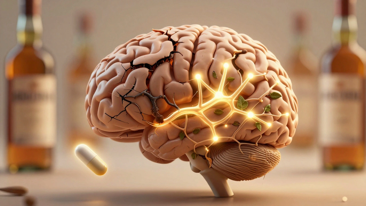 Symbolický obraz mozku, který se uzdravuje: tmavé poškozené spojení na jedné straně, nové světlé nervové spojení na druhé s vitamínem B1.